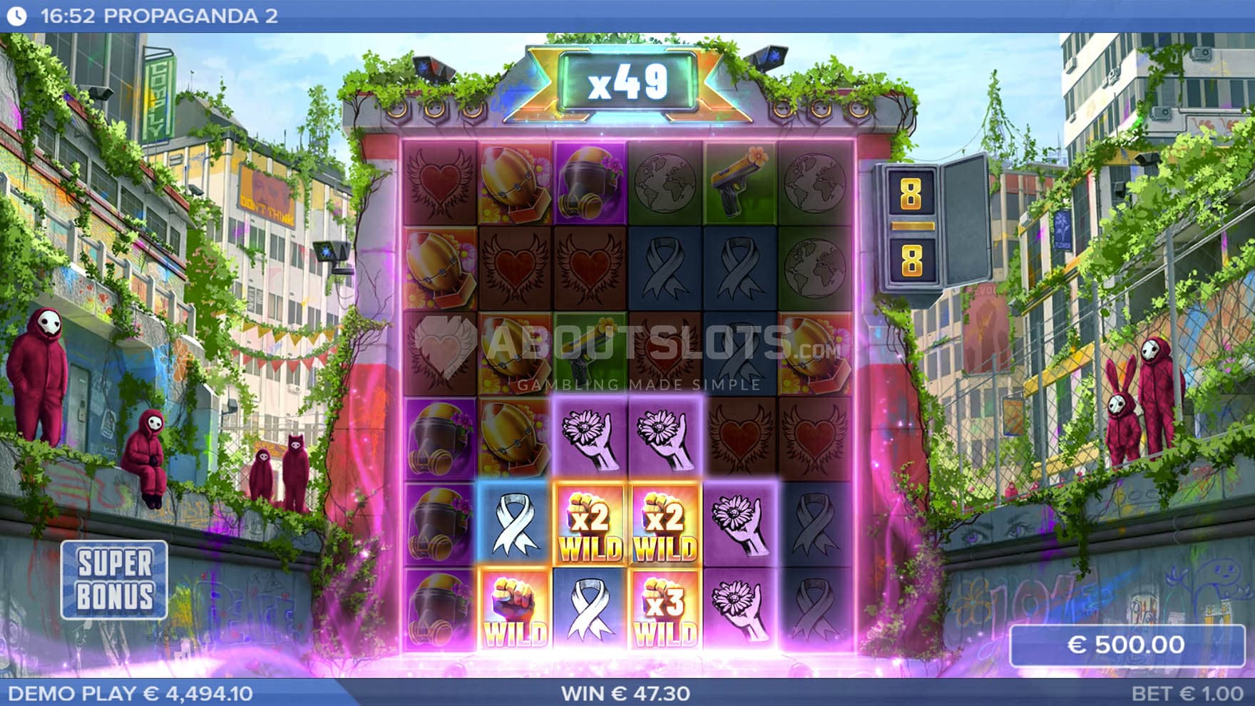 Screenshot of the Super Bonus in progress, showing multiple wins created with Multiplier Wilds.