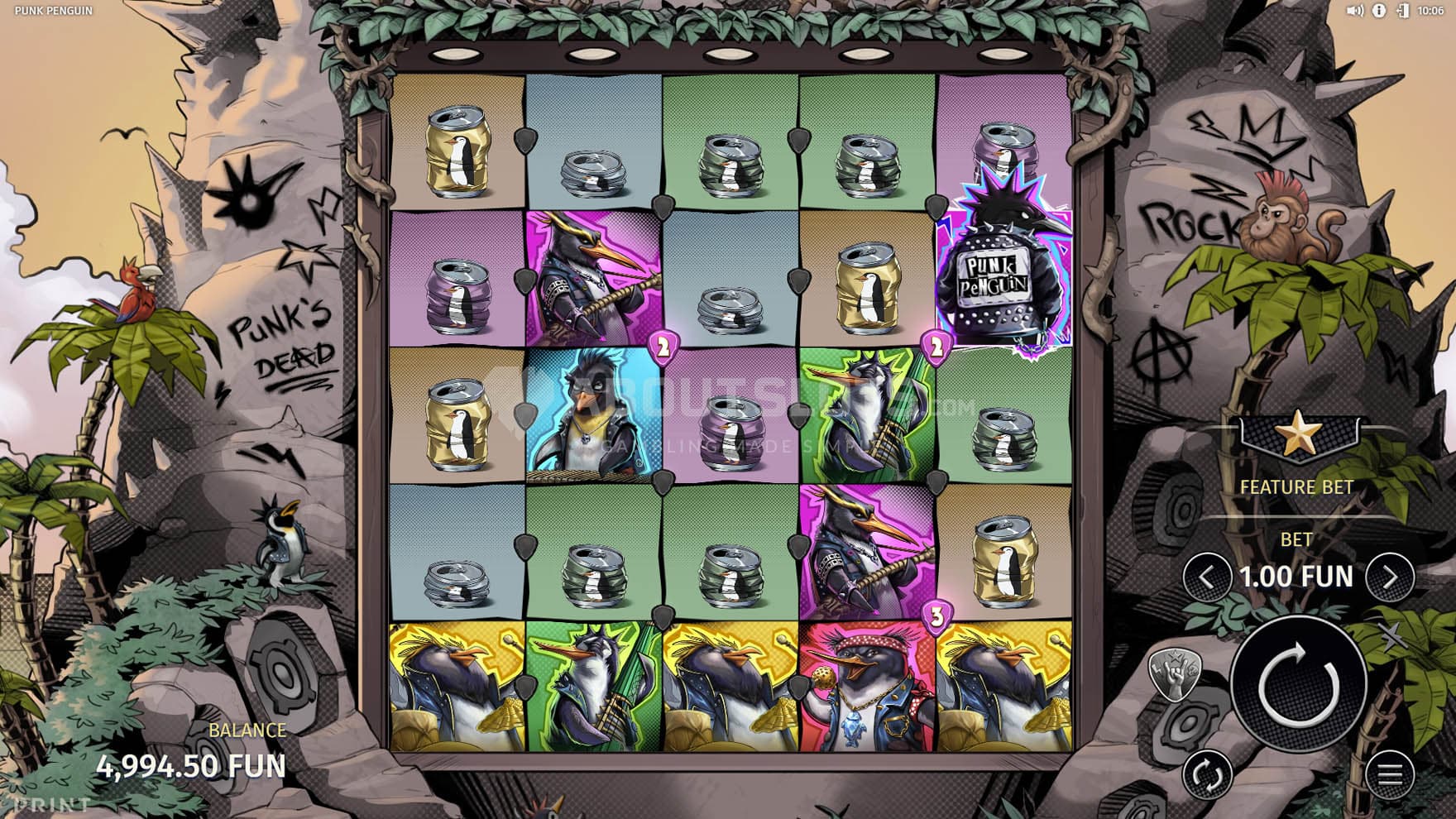 Base Game view of a 5x5 grid on a backdrop of a tropical island ruled by punk penguins.