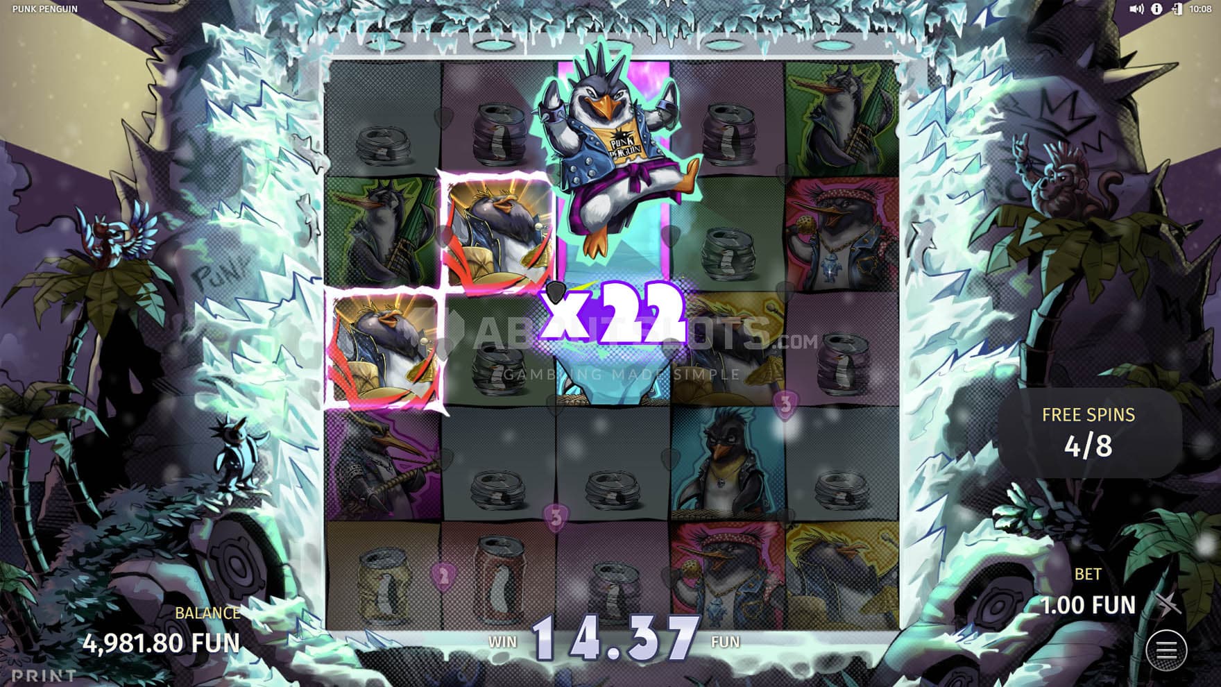 Free Spins with Stage Dive feature, where a penguin Wild collects multipliers from nearby SuperSpinners.