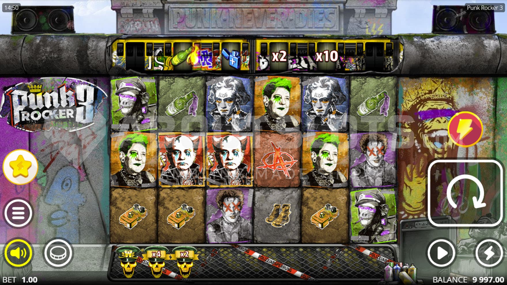 Base Game view of a 6x3 grid on an urban backdrop covered with graffiti.