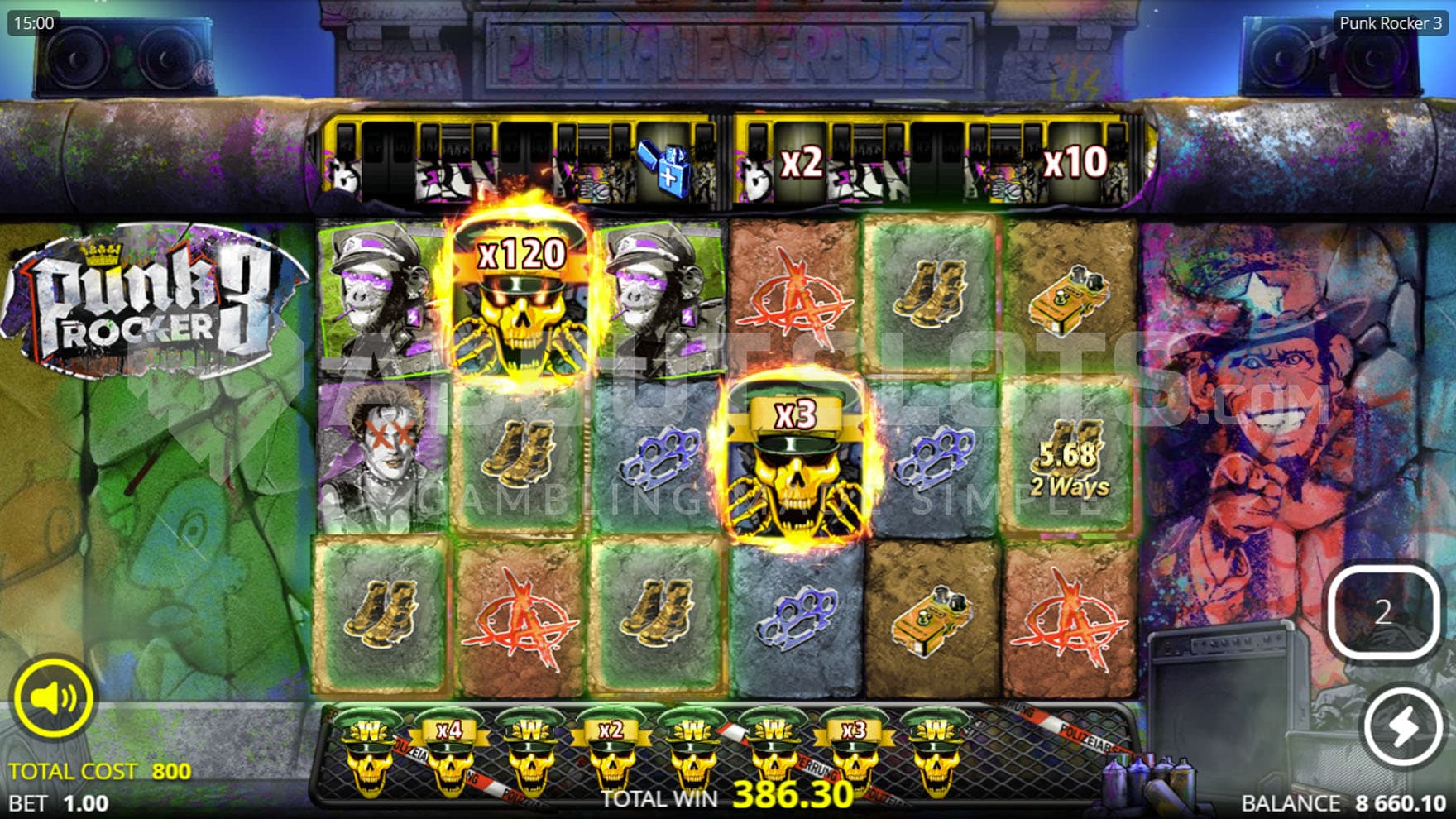 Mauerfall Spins bonus in progress, showing multiple Multiplier Wilds in the queue under the grid and an x120 Wild contributing to a high win on the grid.