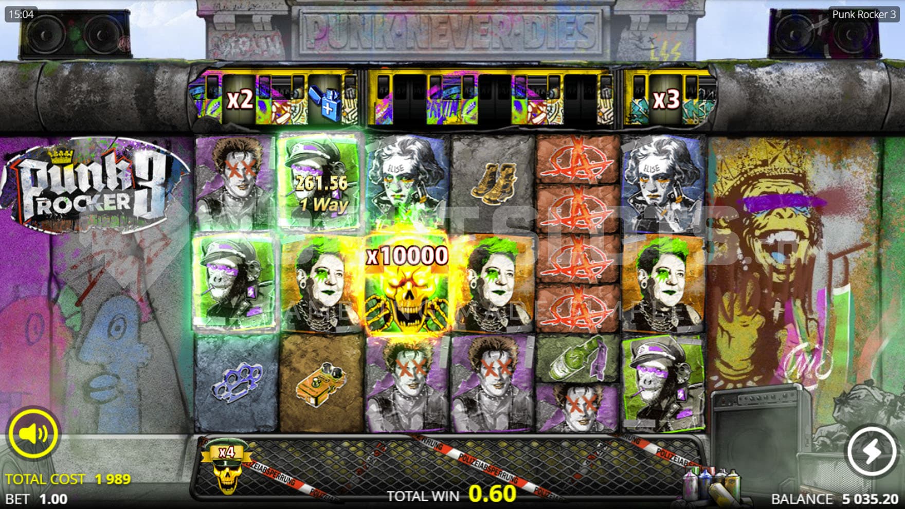 Punkest Spins purchase feature triggered, awarding a Wild with an x10,000 multiplier.