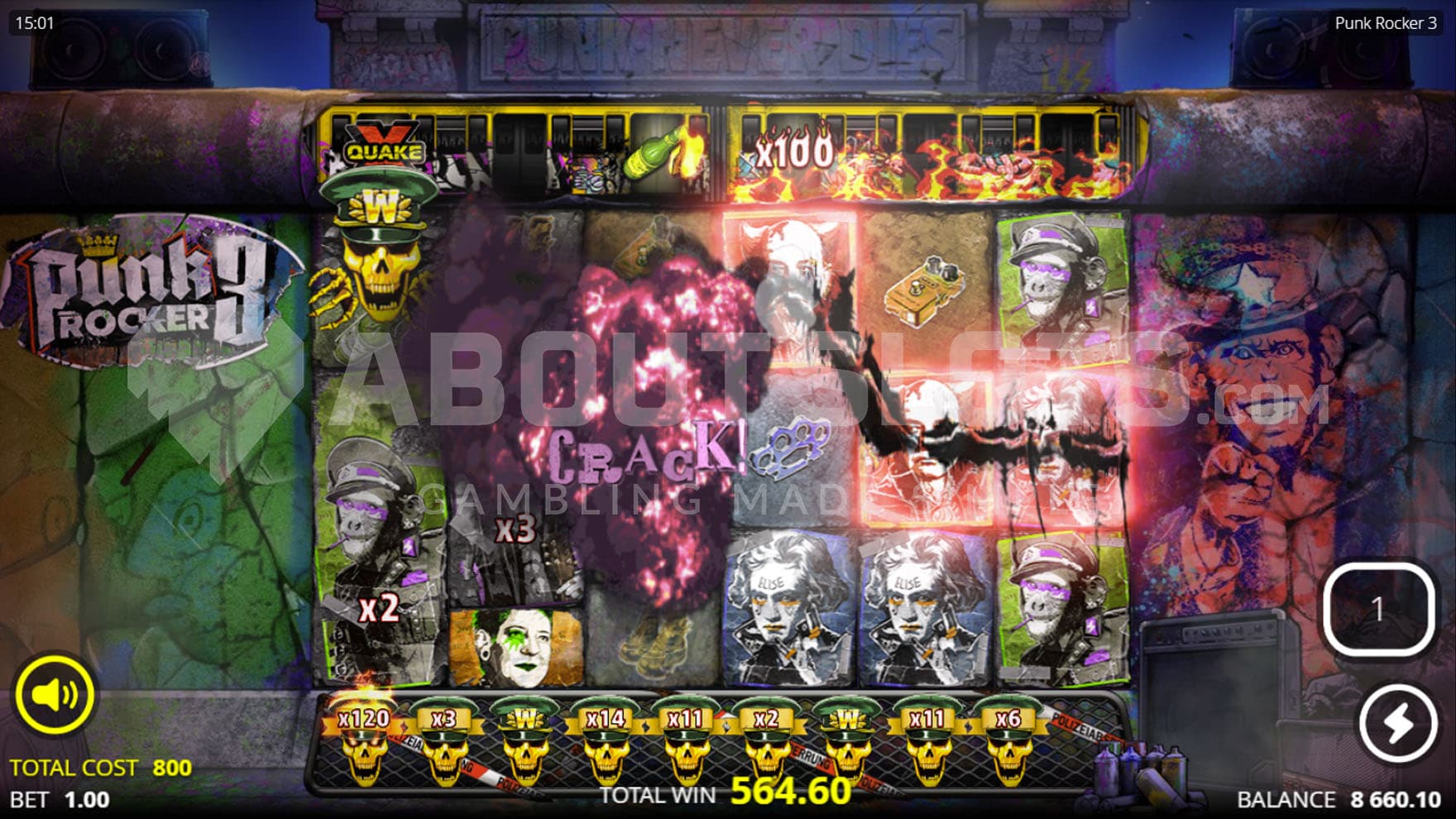 xQuake feature triggered in the base game, splitting one symbol per reel into multiple instances.