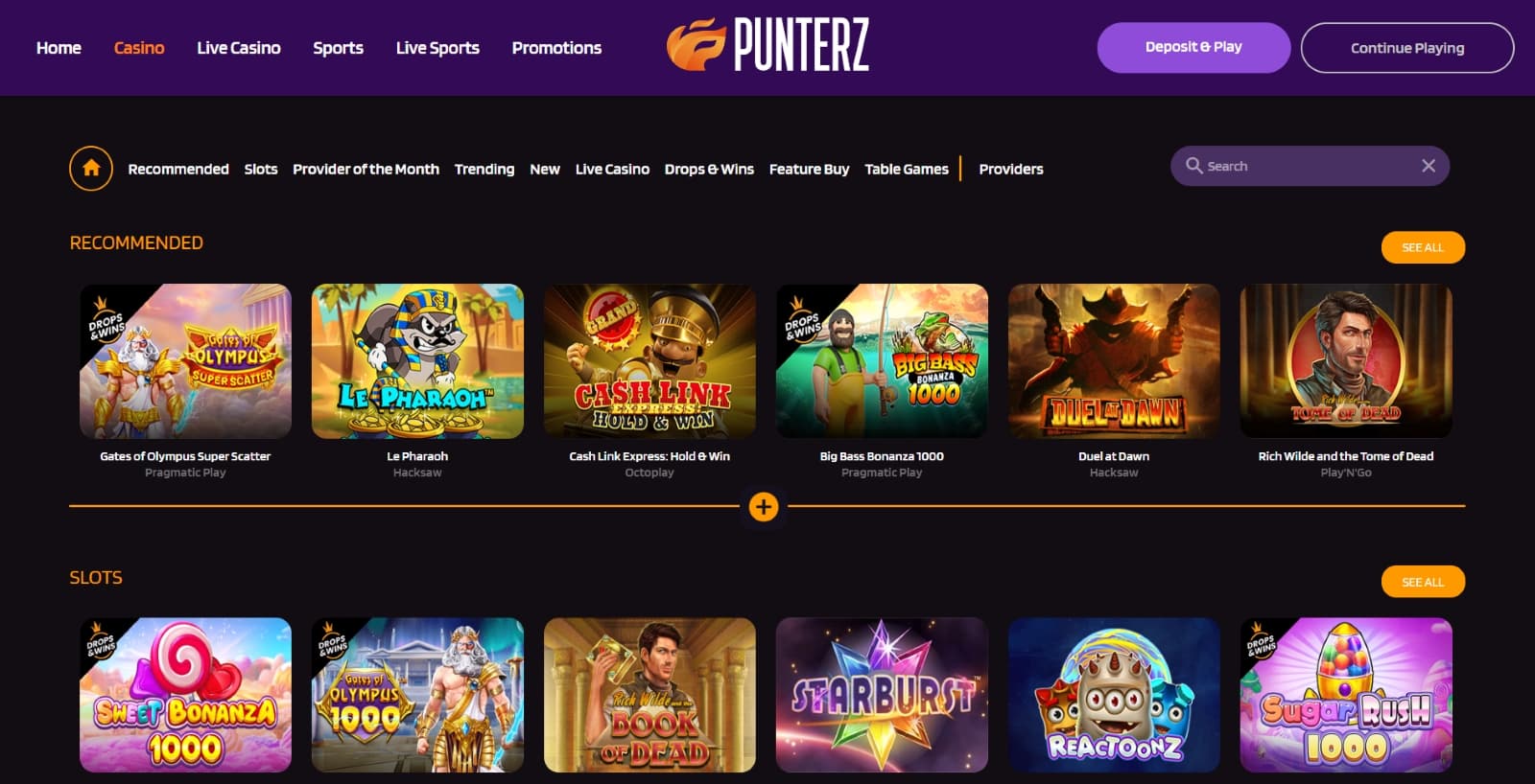 Punterz Casino games page with slot categories under tabs and search function