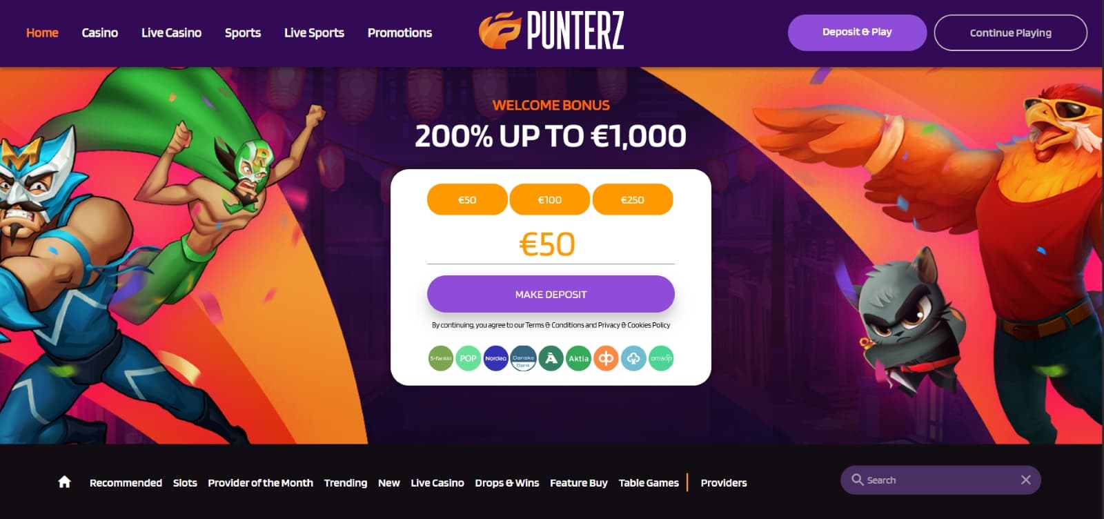 Punterz Casino landing page with 200% welcome bonus with slot characters banner