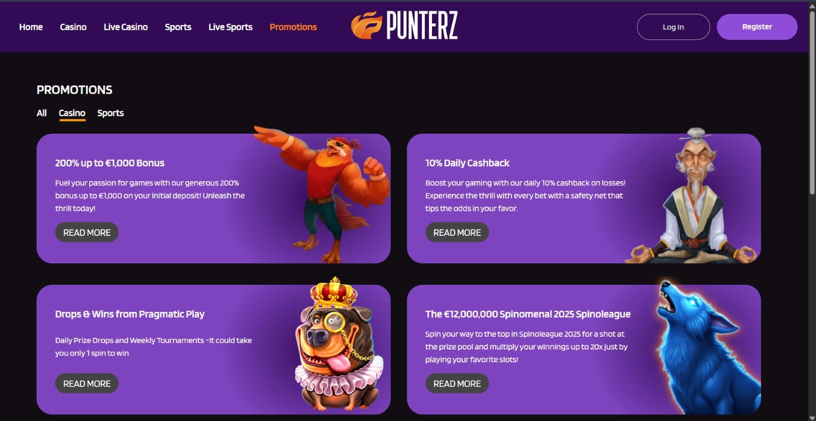 Punterz Casino promotions page with welcome bonus and cashback bonuses on purple tiles