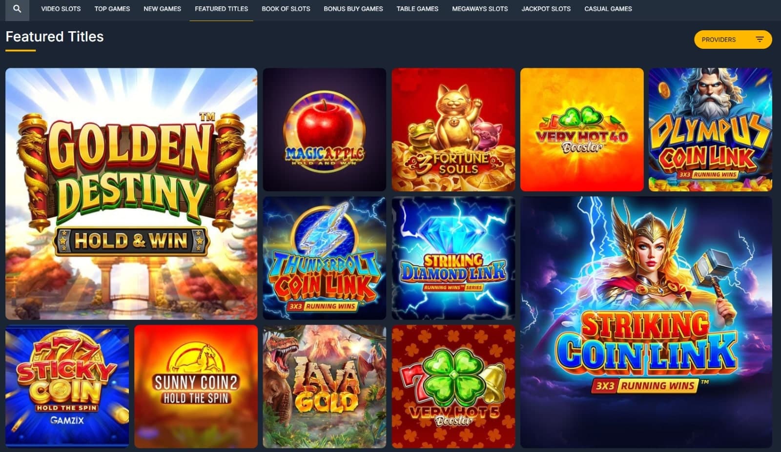 PureBets Casino games page listing featured titles such as Golden Destiny and Olympus Coin Link slots