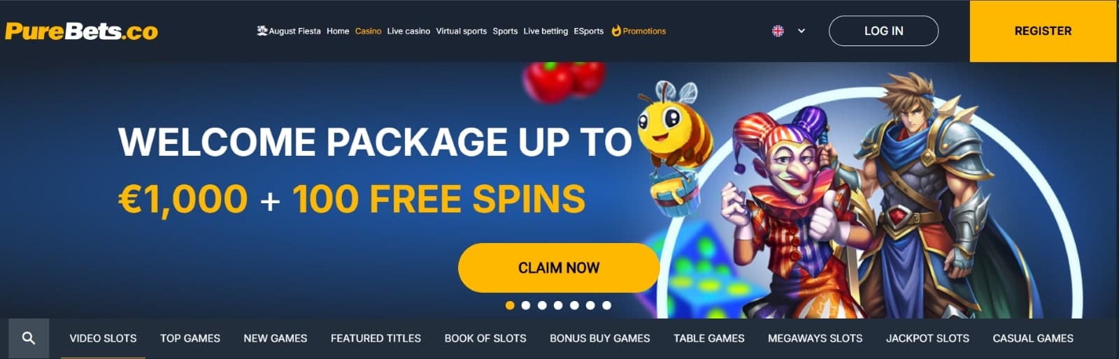 PureBets Casino landing page featuring the promotional welcome bonus of 1000 euros and 100 free spins with slot characters image