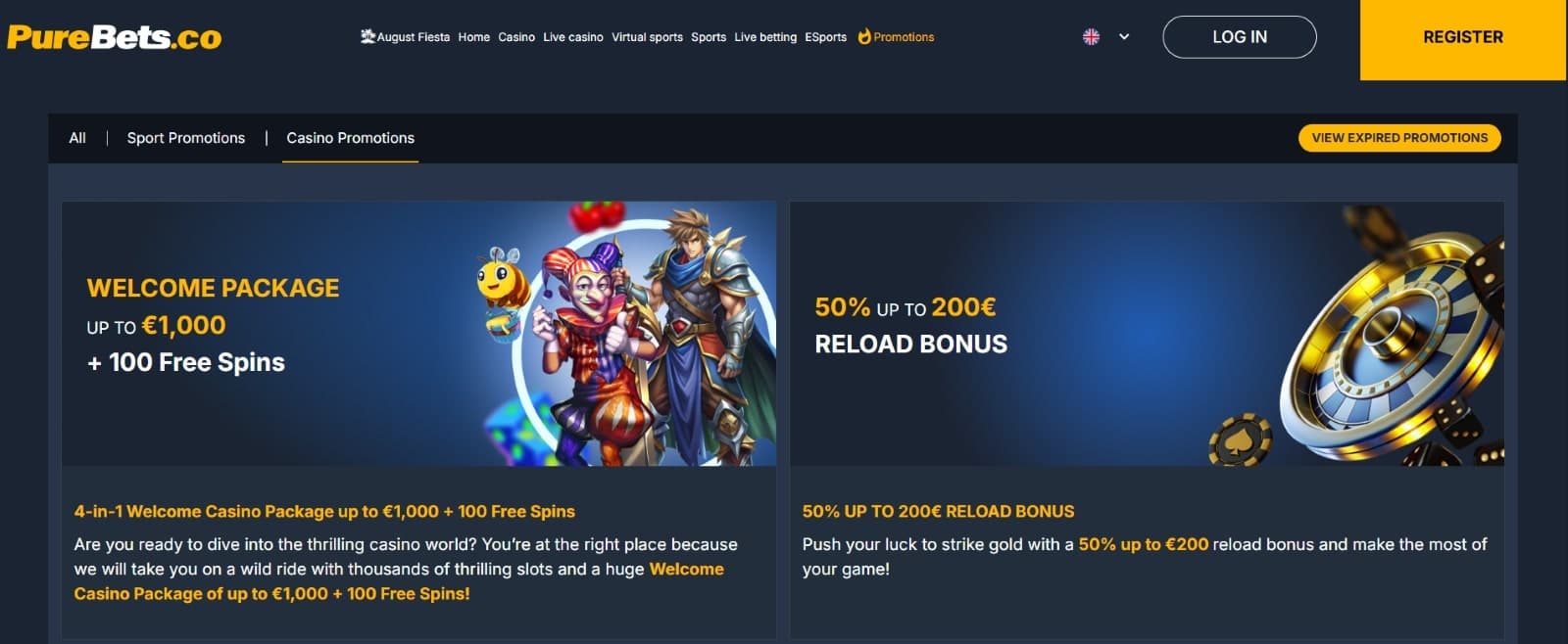 PureBets Casino promotions page displaying the welcome package of 1000 euros and 50% reload bonus