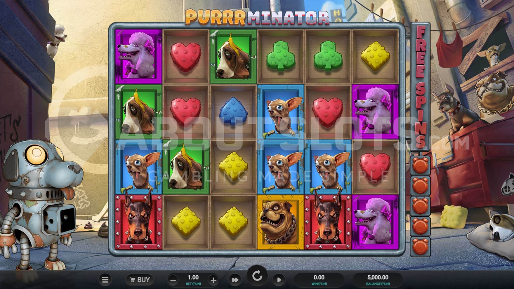 Base game view showing a 6x4 grid with a mix of various regular symbols.