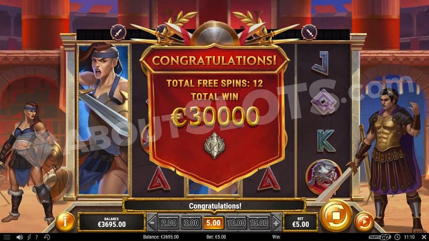 A red sign saying "congratulations, total win €30000 in 12 free spins."