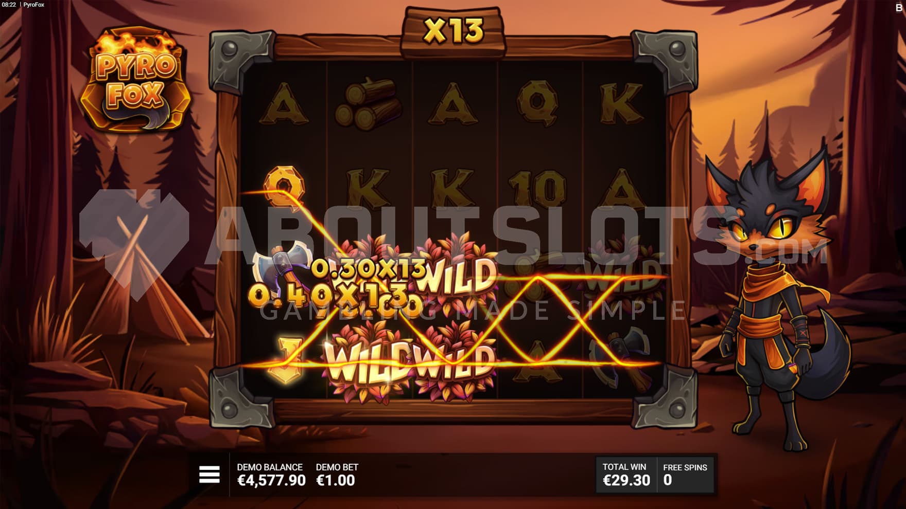 Blaze of Glory bonus in progress showing multiple Sticky Wilds and a progressive multiplier built up to x13.