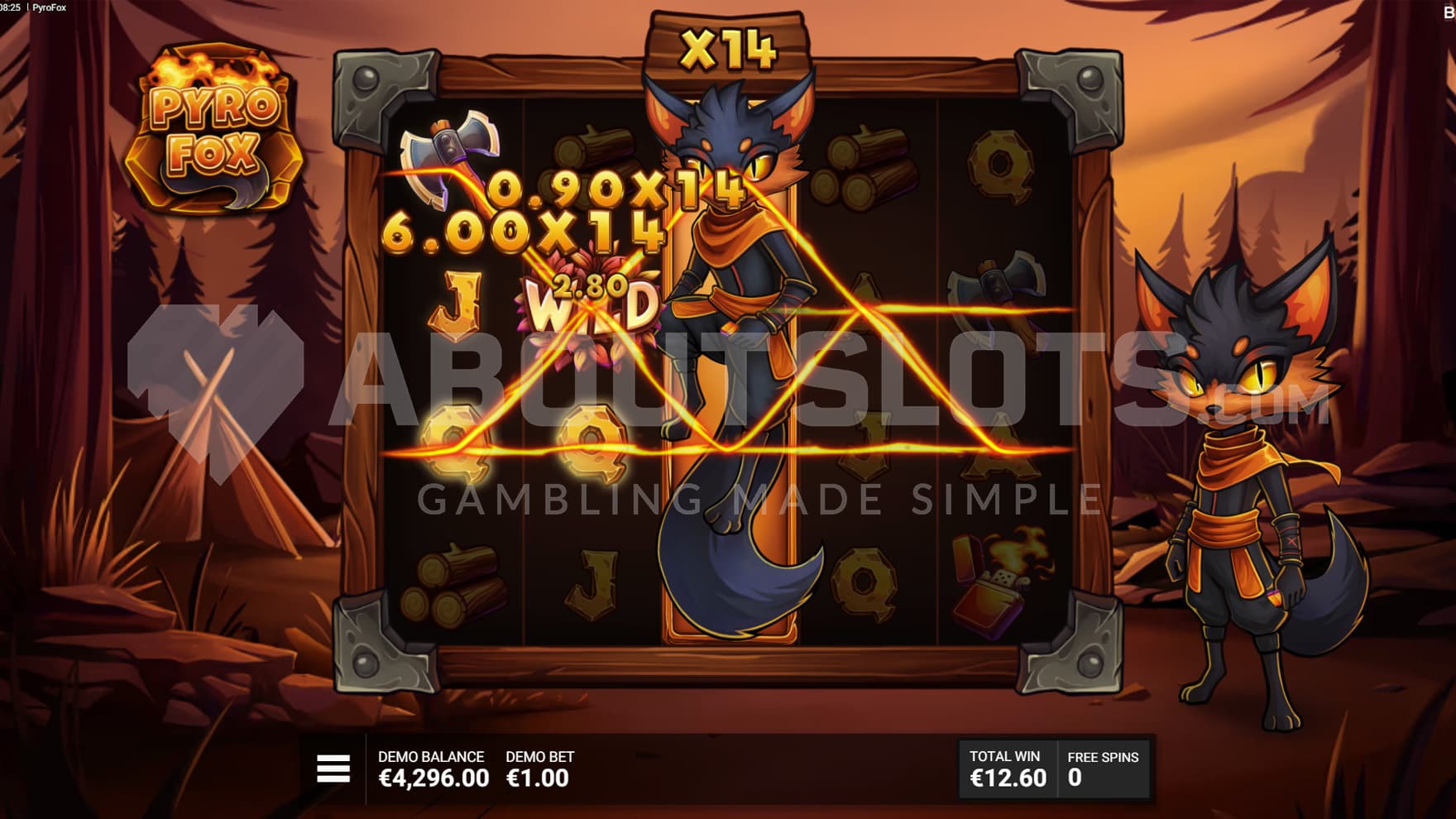 Flame Fox's Frenzy bonus in progress, showing one Expanding Wild on reel 3 and the progressive multiplier built up to x14.