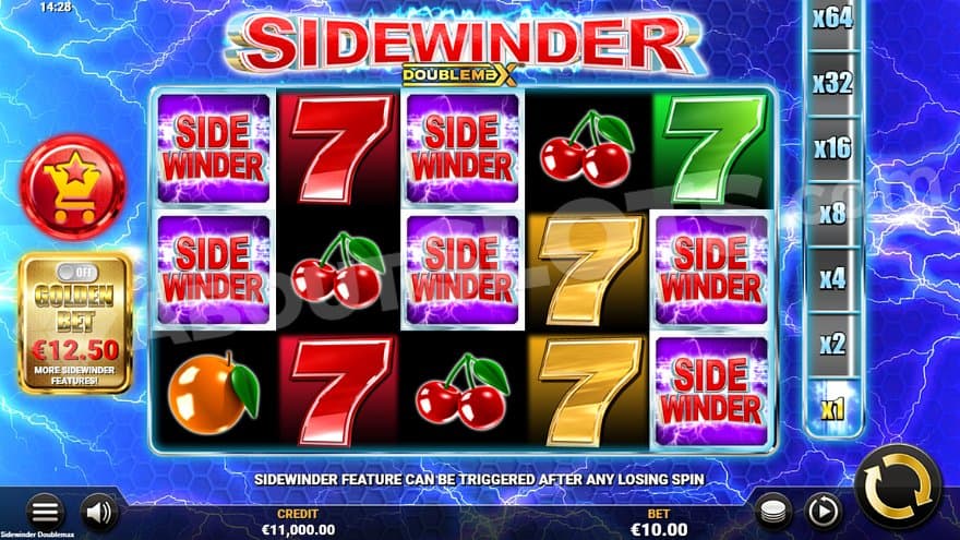A casino slot with classic symbols of fruits and sevens.