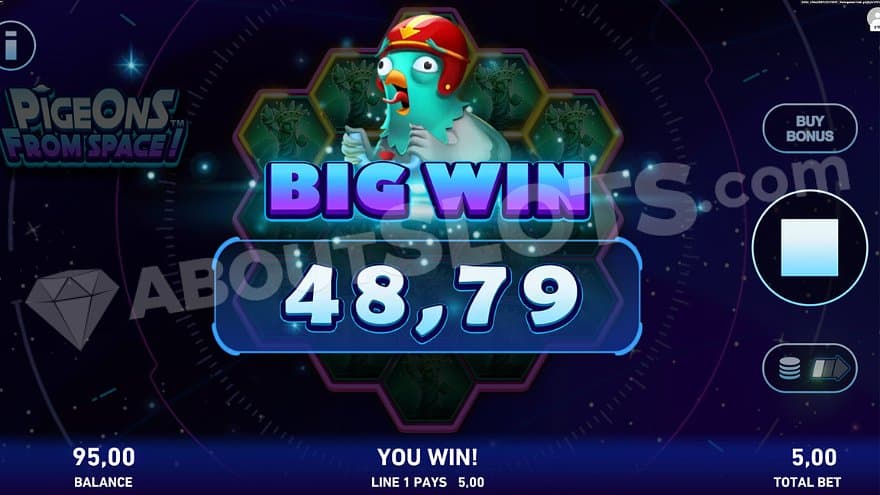 A pigeon in red helmet and the text: "big win 48,79."