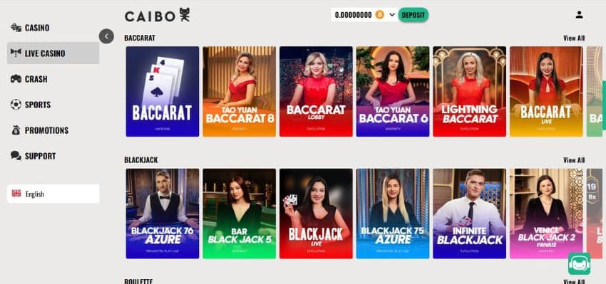 Live games page, showing variations of baccarat and blackjack.
