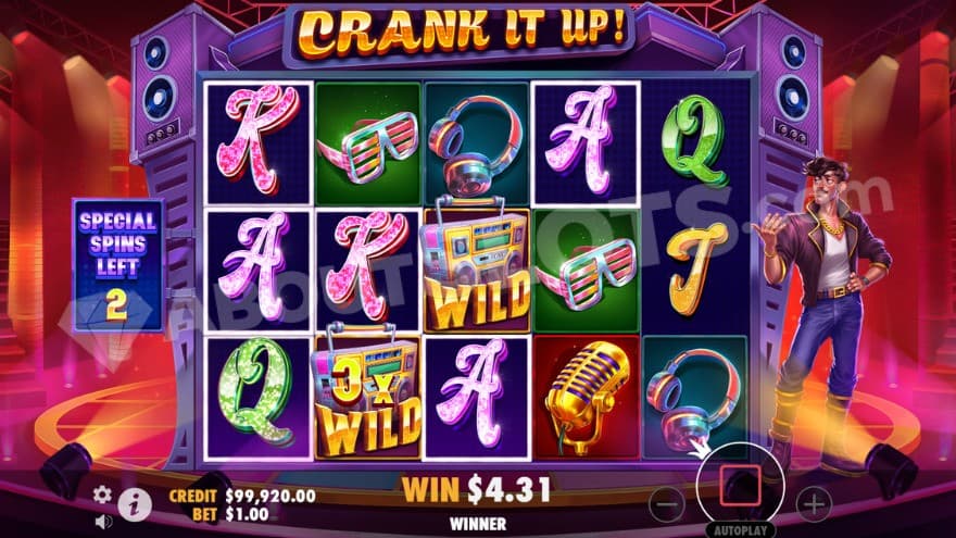 Free Spins bonus game with speakers surrounding the reels.