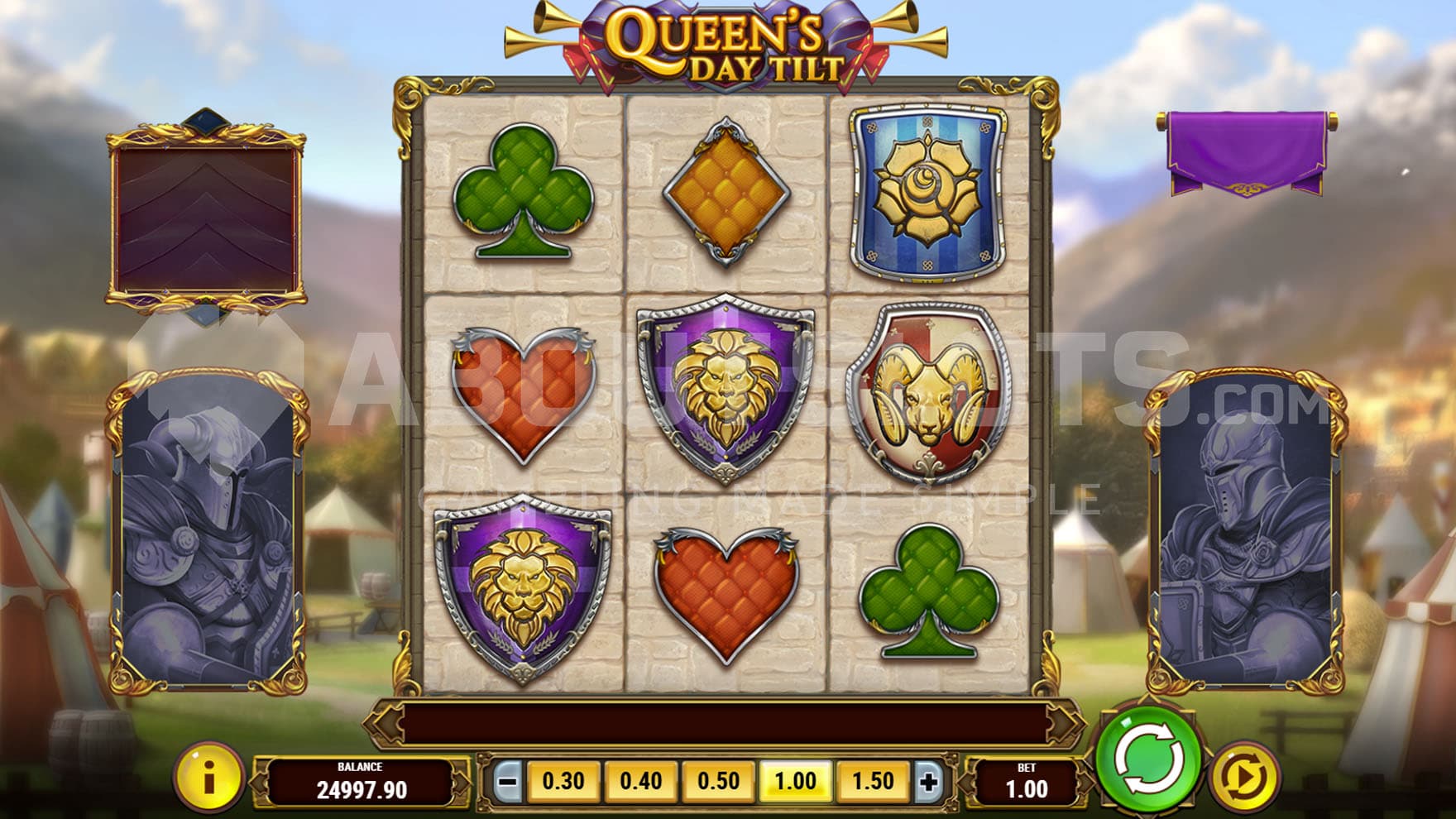 Base Game view of a 3x3 gird on a backdrop of a royal tourney grounds populated with tents.