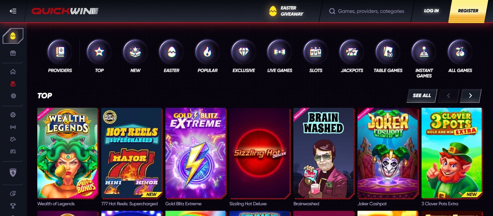 QuickWin Casino games page with top slots under game categories such as New, Popular, Live Games