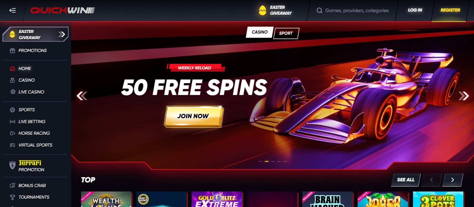 QuickWin Casino landing page with weekly reload free spins promo on racecar image