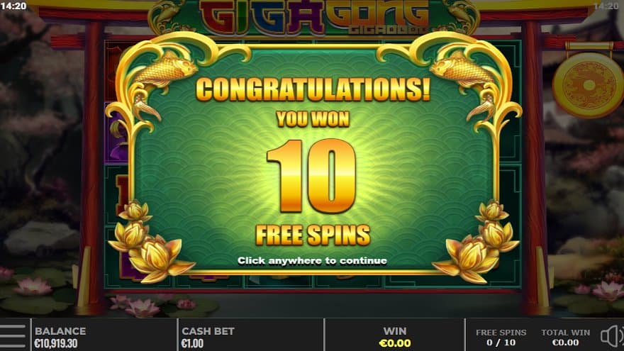 A screen saying: "Congratulations, you won 10 Free Spins."