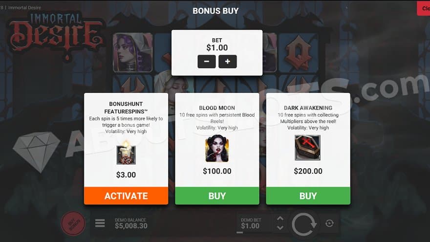 A menu offering the Blood Moon Free Spins for 100X the bet and the Dark Awakening feature for 200X the bet.