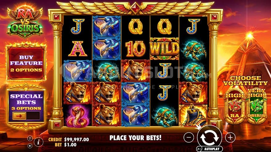 A casino slot featuring Egyptian gods Ra and Osiris.