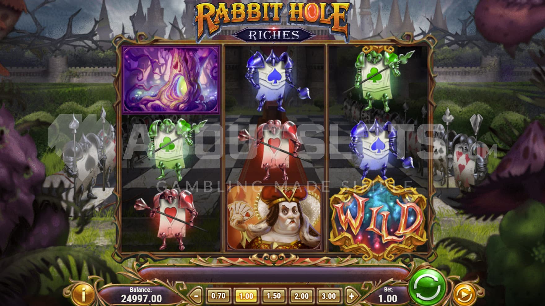 Base Game view of a 3x3 grid on a backdrop of a magical Wonderland with two card soldier armies preparing to battle on a chessboard.
