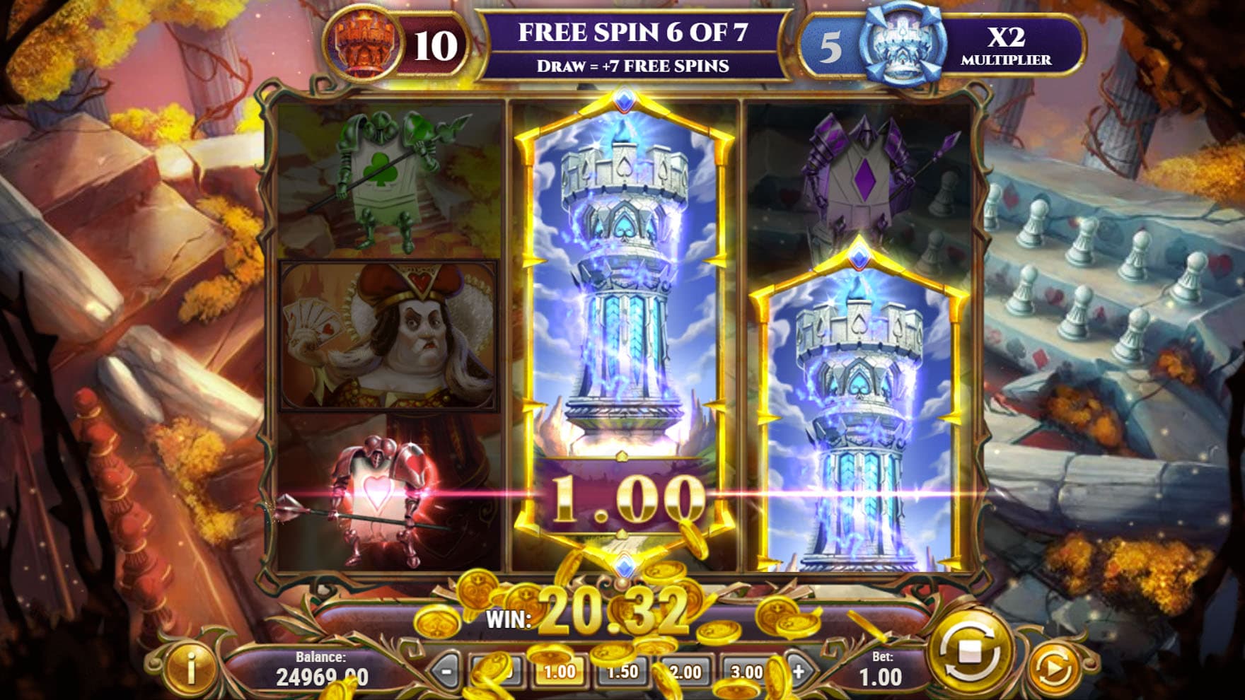 Tower Power Free Spins in progress, showing 2 stacked Tower Wilds on reels 2 and 3.