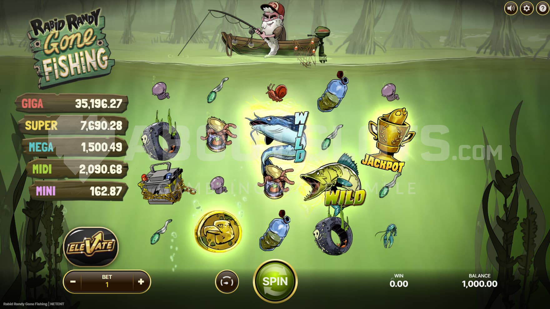 Base Game view of a 5x4 grid on a backdrop of a swamp, with a fisherman on a boat on the surface.