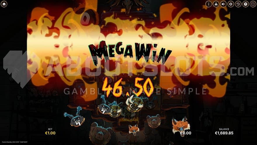 A mega win screen for taking home 46.5X the bet.