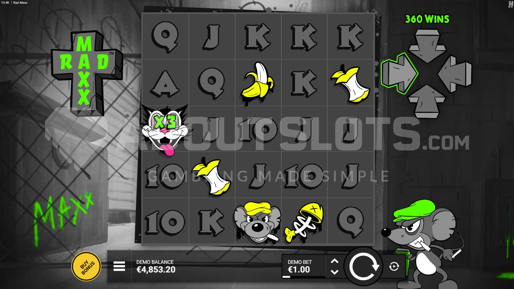 Base Game view of a 5x5 grid on a monochromatic background with Maxx the mouse standing on the right.