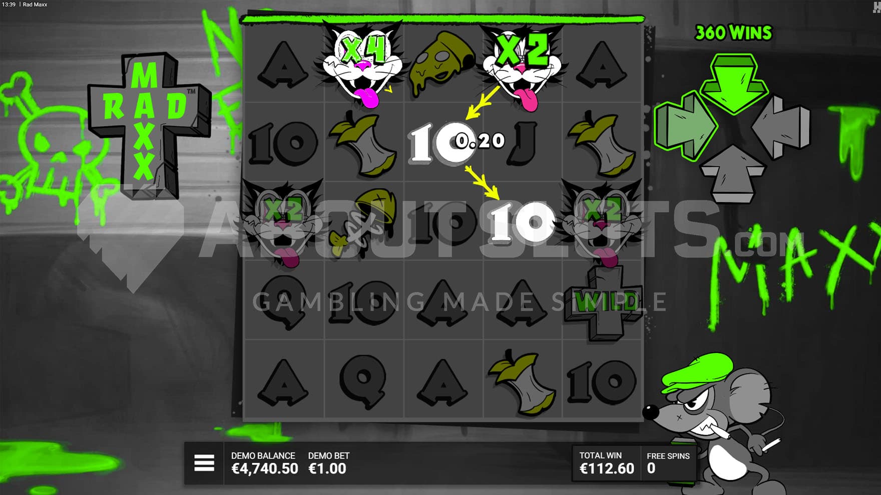 Free Spins bonus in progress, showing 2 out of 4 directions activated and two multiplier Wilds contributing to a win.