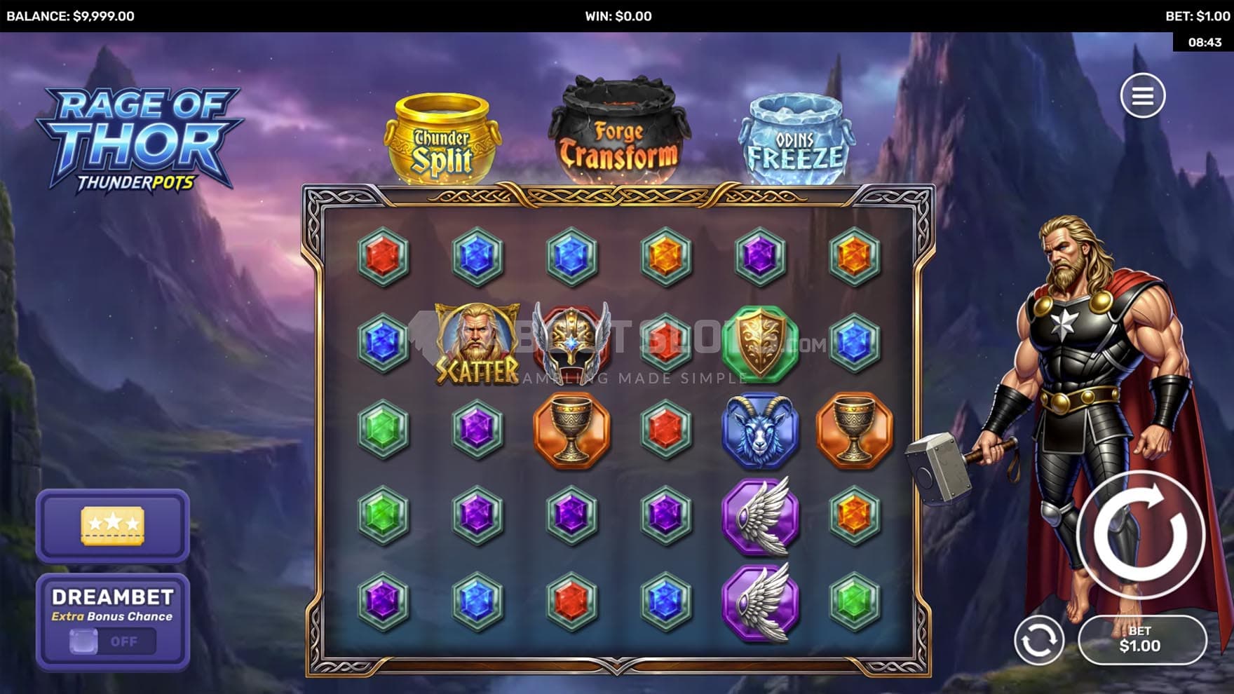 Screenshot of the base game, showing a 6x5 grid on a natural, montainous backdrop, with Thor standing on the right.