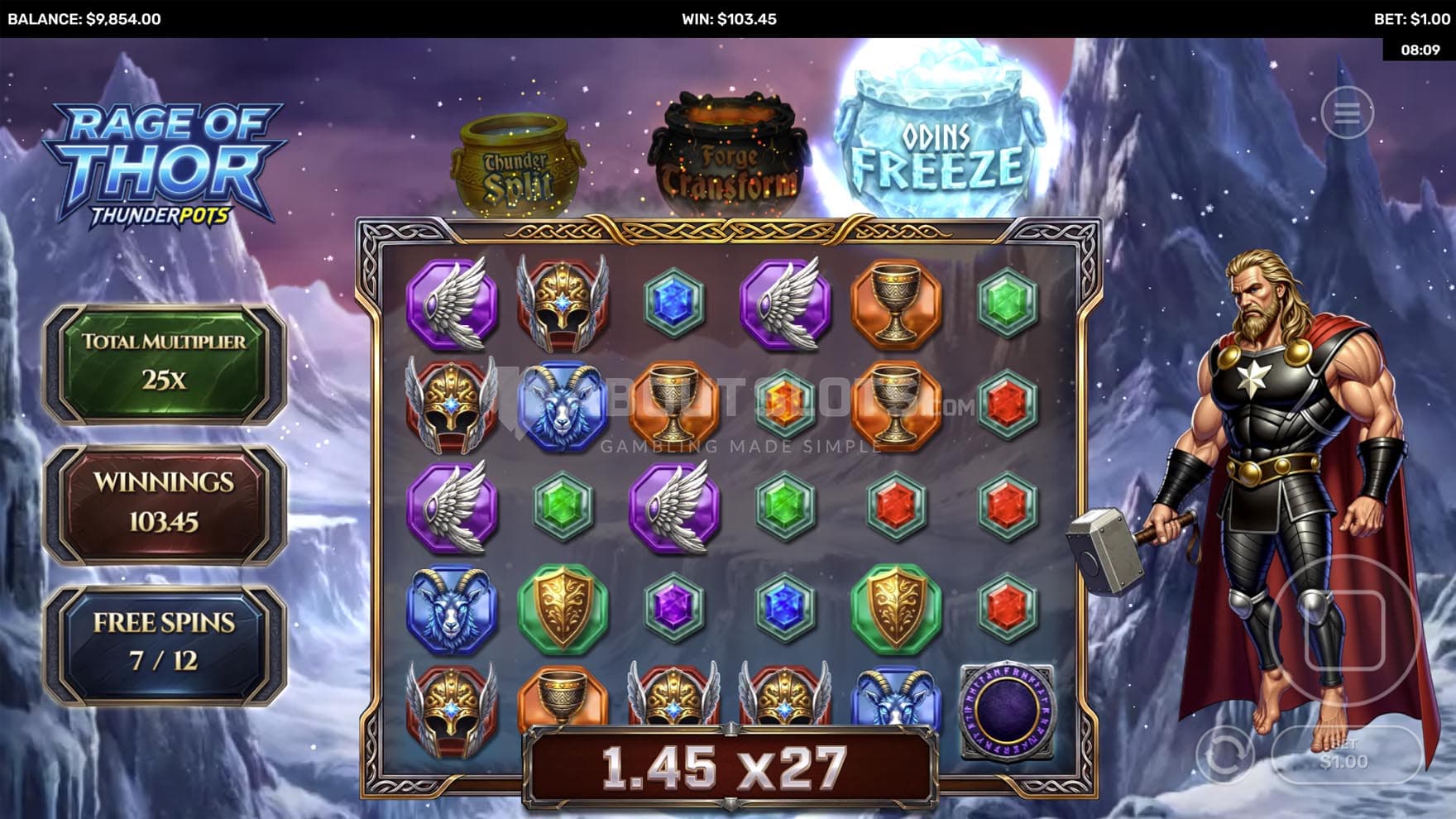 Screenshot of the Free Spins bonus in progress, showing a Total Multiplier increased to x25.