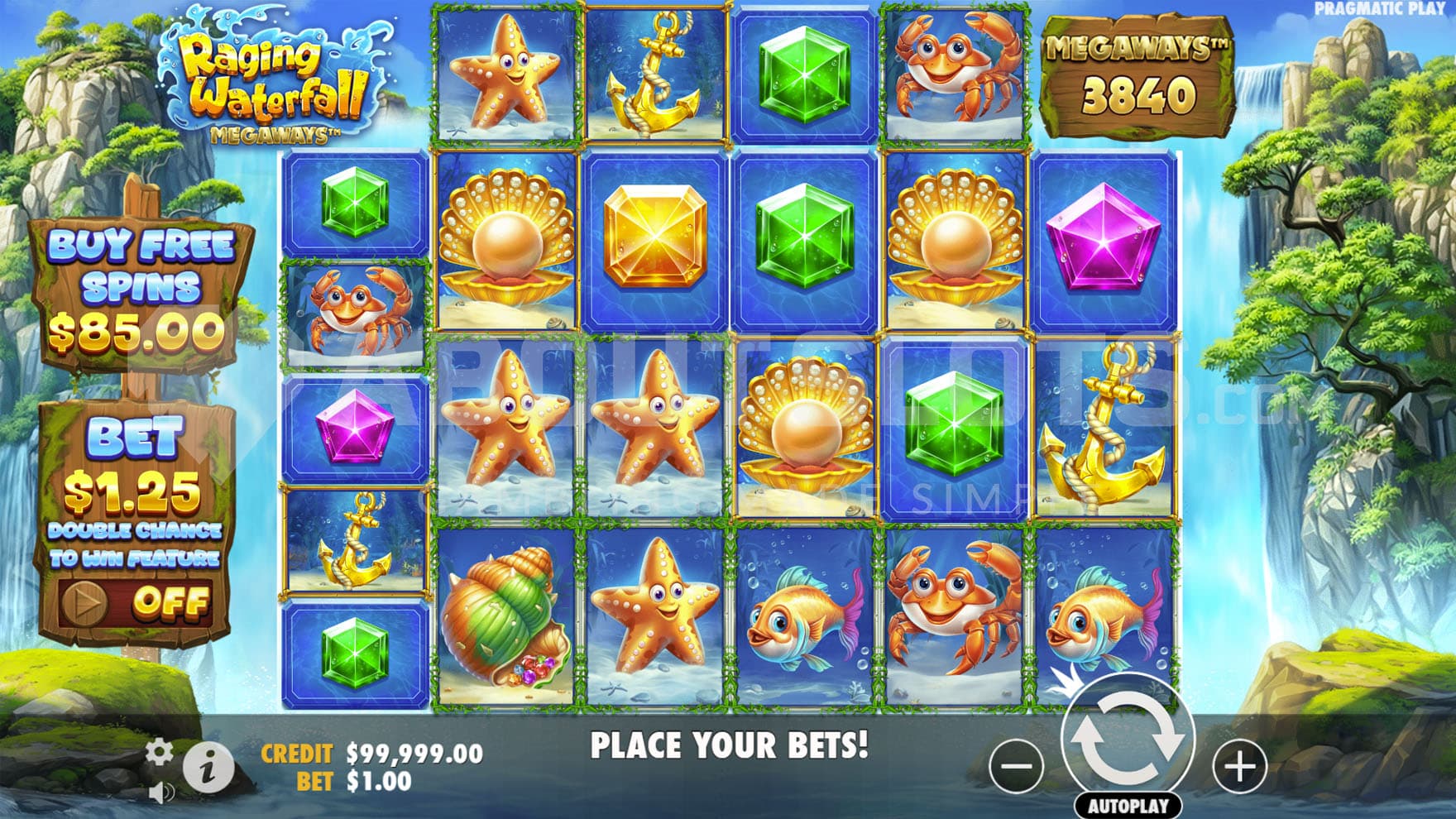 Base Game view showing a 6-reel grid on a natural backdrop of rocks, trees, and a waterfall in the middle.