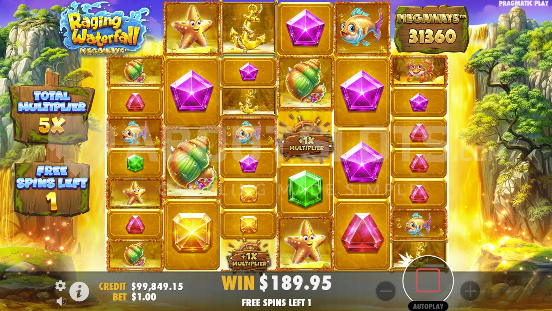 Free Spins bonus in progress showing a golden waterfall in the background and two Scatters upgrading the win multiplier on the main grid.