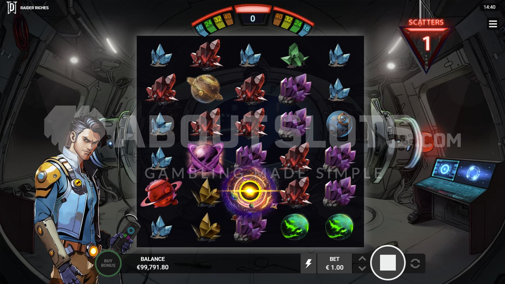 Base Game view of a 5x6 grid inside a spaceship, with a young pilot standing on the left.