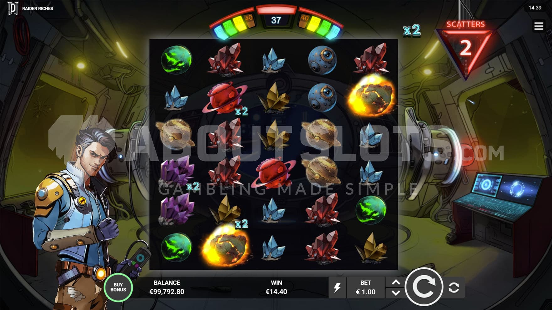 Comet Crash triggered from the Feature Ladder, placing 2 Wilds on the grid.