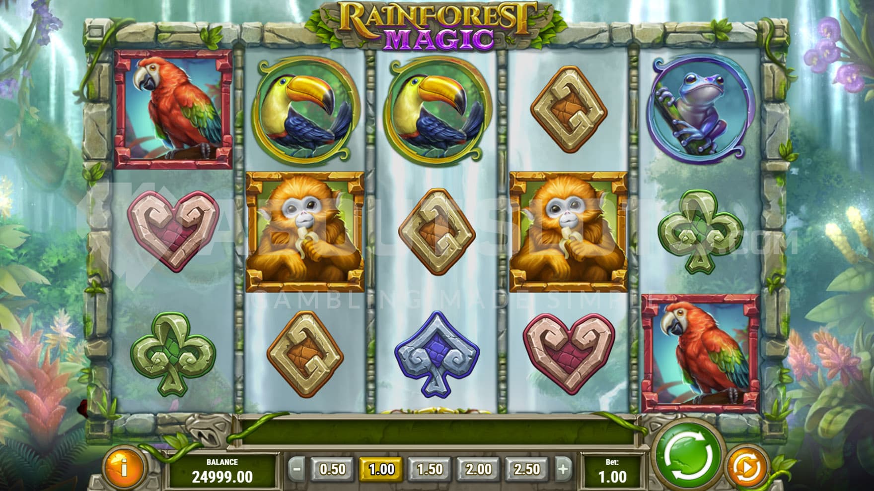 Base Game view of a 5x3 grid on a backdrop of a vibrant rainforest.