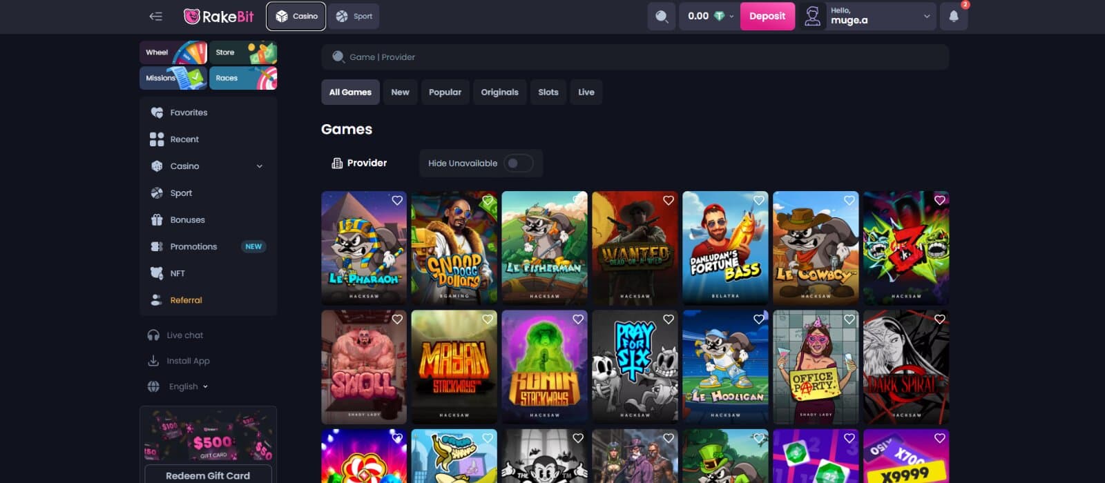 RakeBit casino's games page shows online casino games, such as Le Pharaoh, Snoop Dogg Dollars, and more.