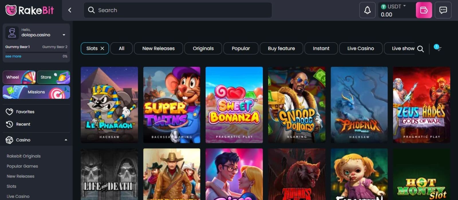 Rakebit Casino's slot games category, showing exciting titles like Sweet Bonanza and other impressive games.
