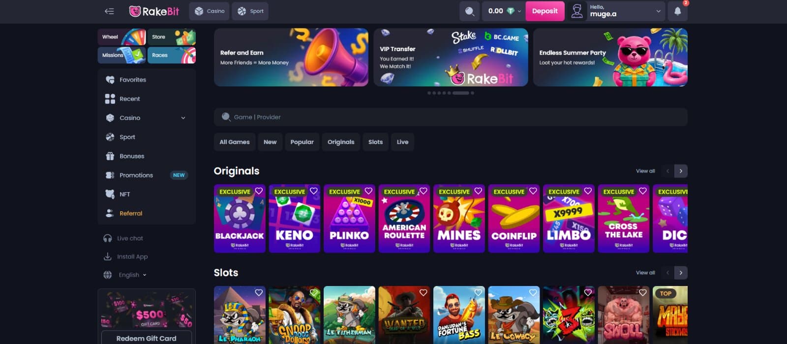 RakeBit Casino's displays the bonuses, such as Refer and Earn, VIP Transfer, and Endless Summer Party tournament.