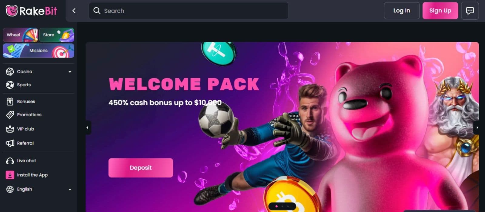 Rakebit Casino's homepage, showing the welcome bonus pack, game avatars, and a sidebar menu.