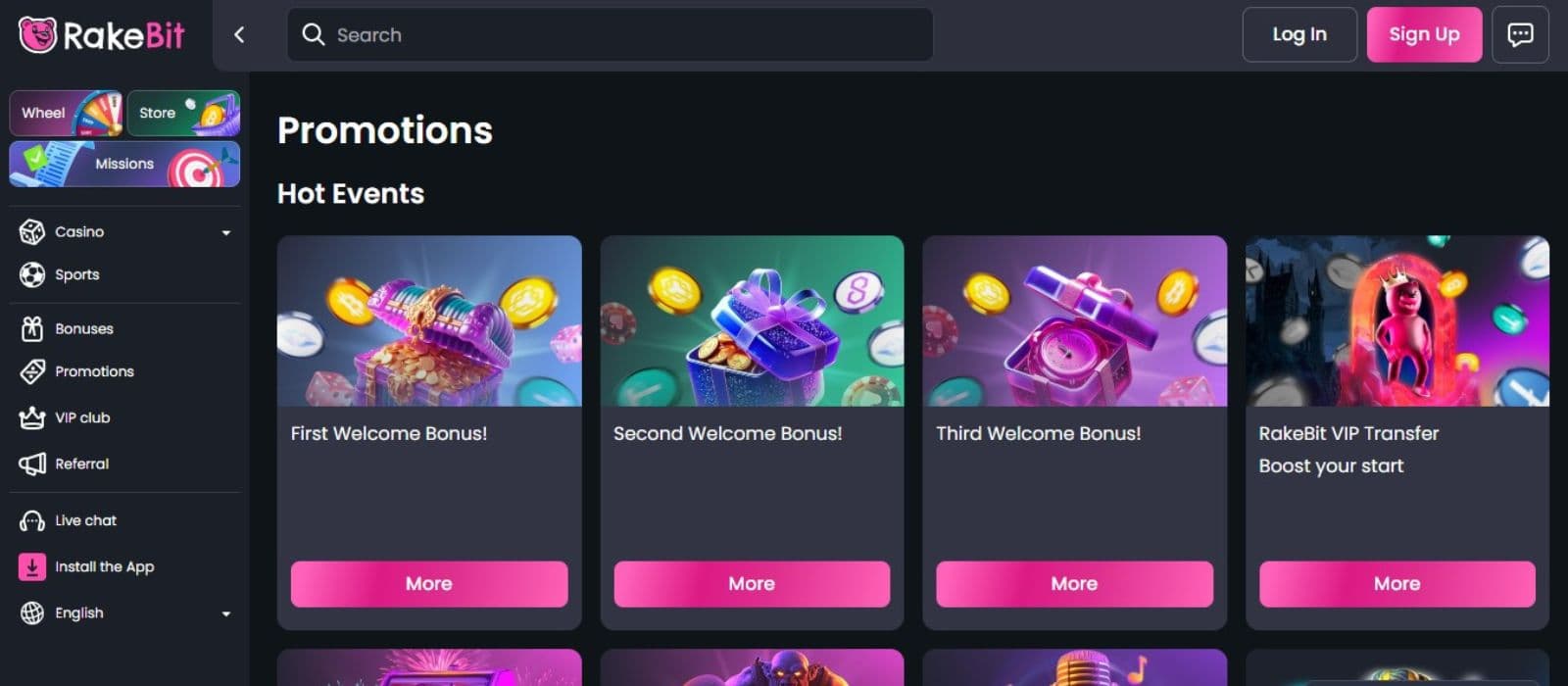 Rakebit Casino's promotions page, showing the triple welcome bonuses and other promotions.