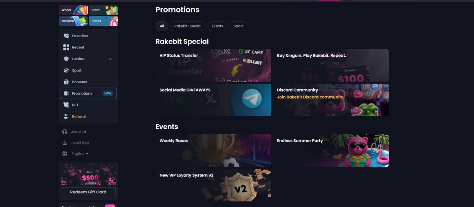 RakeBit casino's promotions page showcases the special offers, including Social Media Giveaways and weekly races.