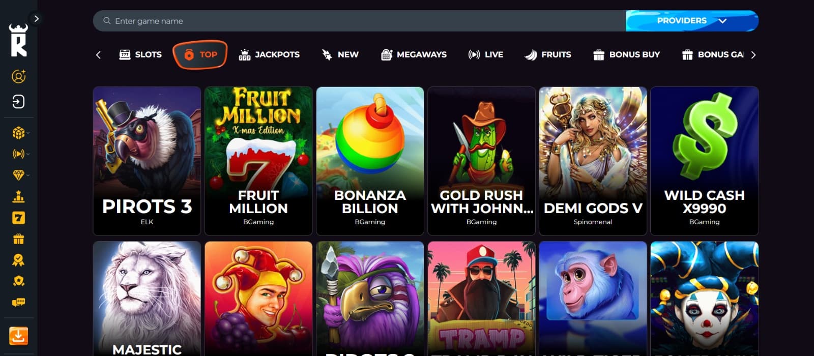 Rakoo Casino game page with top slots like Pirots 3 and Bonanza Billion under game categories