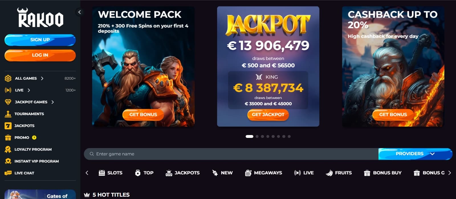 Rakoo casino Landing page with welcome pack, jackpot prize and cashback promos