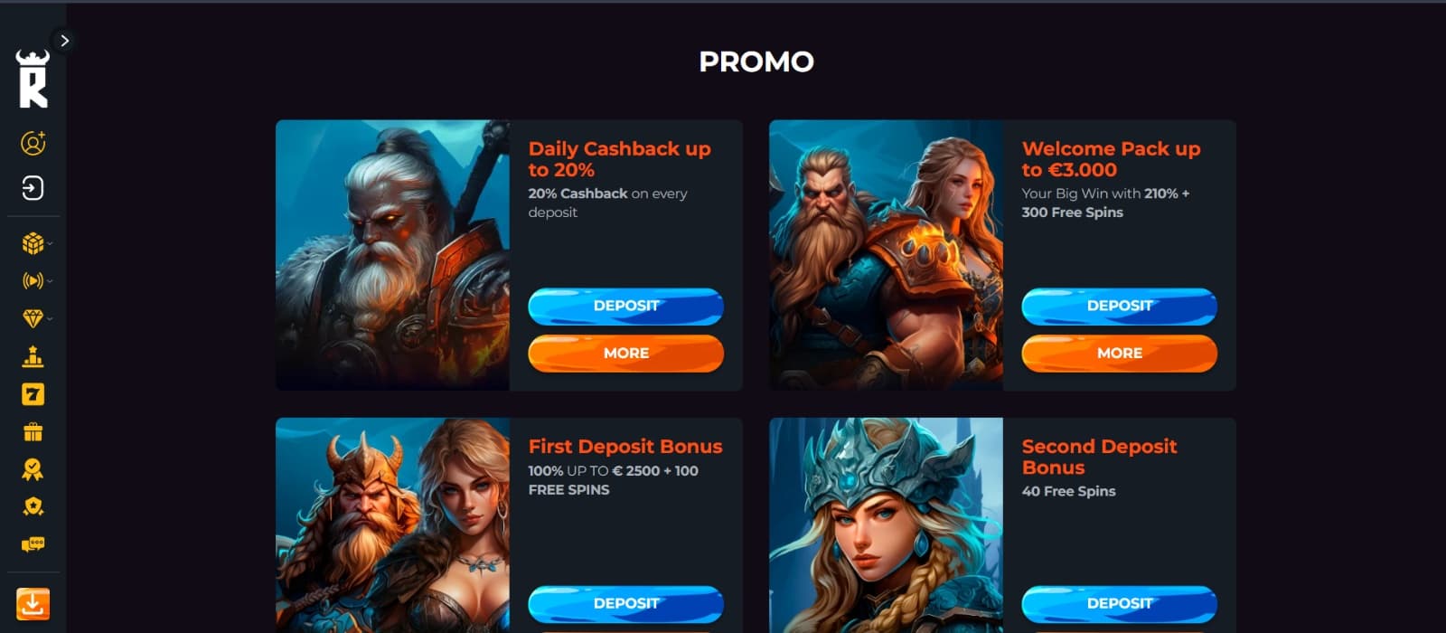 Rakoo casino promotions page with daily cashback and welcome bonus promos with Viking images