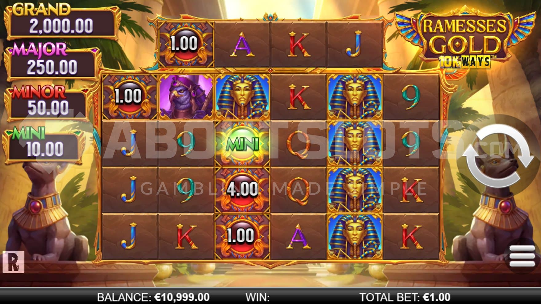 A casino slot with six reels with an Egyptian theme.